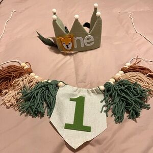 WILD ONE Birthday Crown and Banner Set - Green and Tan